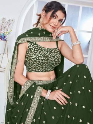 Semi Stitched Green Georgette Lehenga Choli For Women