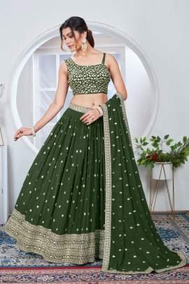 Semi Stitched Green Georgette Lehenga Choli For Women