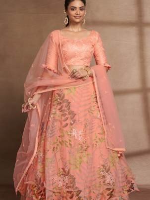 Semi Stitched Peach Organza Digital Printed and Sequence Work Lehenga