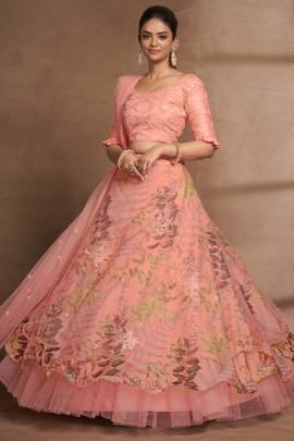 Semi Stitched Peach Organza Digital Printed and Sequence Work Lehenga
