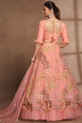 Semi Stitched Peach Organza Digital Printed and Sequence Work Lehenga