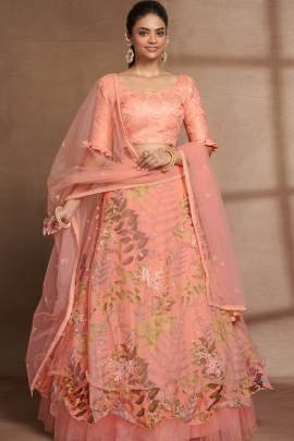 Semi Stitched Peach Organza Digital Printed and Sequence Work Lehenga