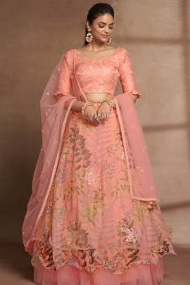 Semi Stitched Peach Organza Digital Printed and Sequence Work Lehenga