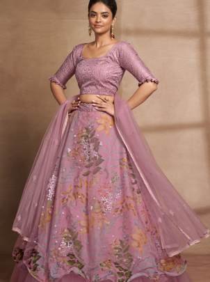 Semi Stitched Pink Organza Digital Printed and Sequence Work Lehenga Choli