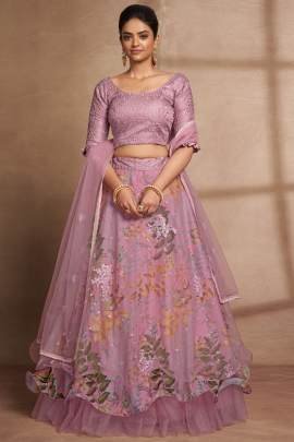 Semi Stitched Pink Organza Digital Printed and Sequence Work Lehenga Choli