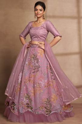 Semi Stitched Pink Organza Digital Printed and Sequence Work Lehenga Choli
