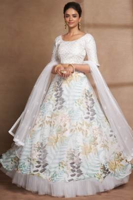 Semi Stitched White Organza Digital Printed and Sequence Work Lehenga Choli
