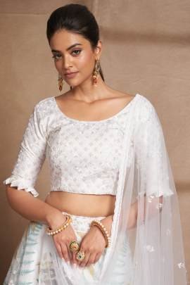 Semi Stitched White Organza Digital Printed and Sequence Work Lehenga Choli