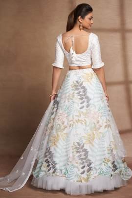 Semi Stitched White Organza Digital Printed and Sequence Work Lehenga Choli