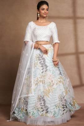 Semi Stitched White Organza Digital Printed and Sequence Work Lehenga Choli