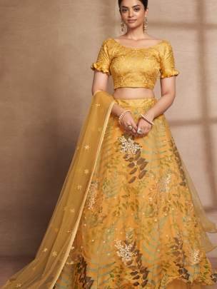 Semi Stitched Yellow Organza Digital Printed and Sequence Work Lehenga Choli
