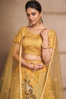 Semi Stitched Yellow Organza Digital Printed and Sequence Work Lehenga Choli