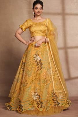 Semi Stitched Yellow Organza Digital Printed and Sequence Work Lehenga Choli