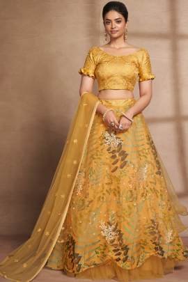 Semi Stitched Yellow Organza Digital Printed and Sequence Work Lehenga Choli
