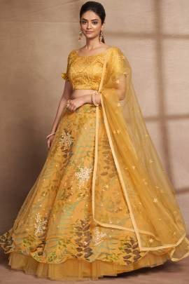Semi Stitched Yellow Organza Digital Printed and Sequence Work Lehenga Choli