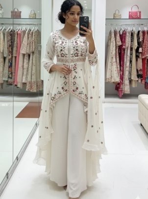 Sequence Embroidered Rangoli Silk White Palazzo Suit Set