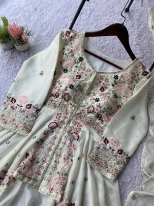 Sequence Embroidered Rangoli Silk White Palazzo Suit Set