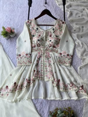 Sequence Embroidered Rangoli Silk White Palazzo Suit Set