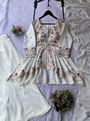 Sequence Embroidered Rangoli Silk White Palazzo Suit Set