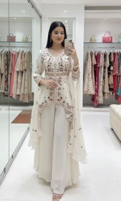 Sequence Embroidered Rangoli Silk White Palazzo Suit Set