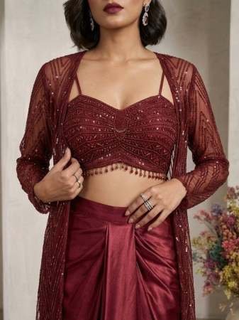 Sequence Embroidery  Red Colour Indo Western Dress