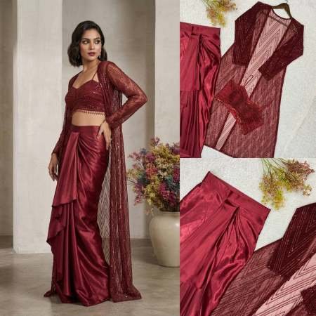 Sequence Embroidery  Red Colour Indo Western Dress