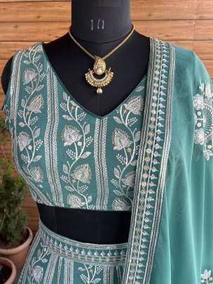 Sequence Embroidery Stitch Work Mint Green Lehenga Choli with Dupatta