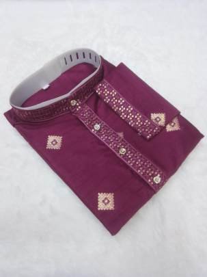 Sequence Embroidery Work Wine Silk Kurta And Pyjama