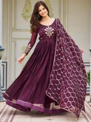 Sequence Embroidery Work Wine Gown With Dupatta Set