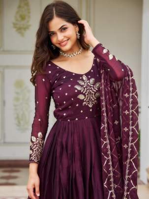 Sequence Embroidery Work Wine Gown With Dupatta Set