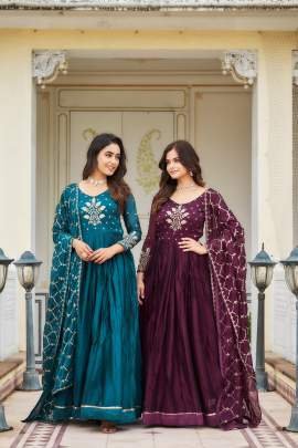 Sequence Embroidery Work Wine Gown With Dupatta Set