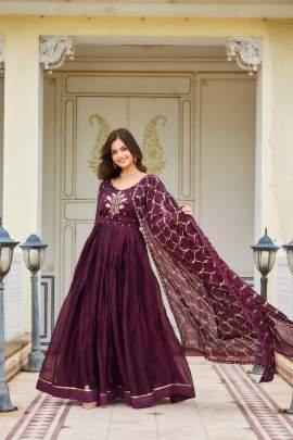 Sequence Embroidery Work Wine Gown With Dupatta Set