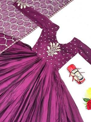 Sequence Embroidery Work Wine Gown With Dupatta Set