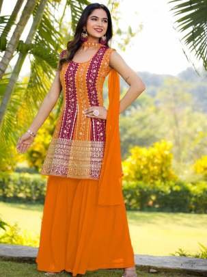 Sequence Embroidery Work Yellow Sharara Suit