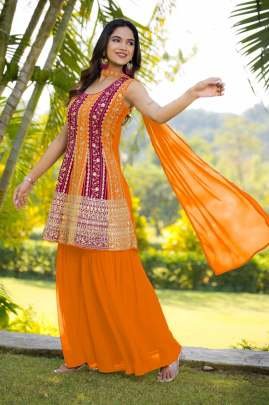 Sequence Embroidery Work Yellow Sharara Suit