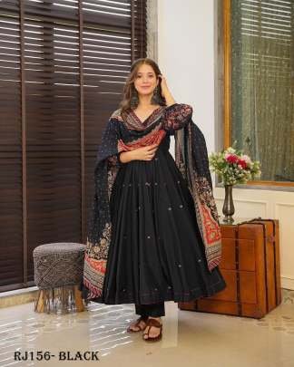 sequence work Balloon Sleeves Black Anarkali Gown   Pant and Dupatta