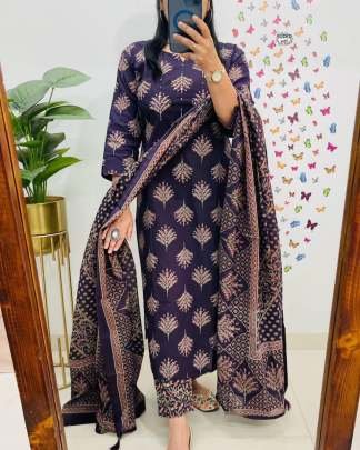 Sequence Work Cotton Kurti Pant Dupatta Set In Sanganeri Print