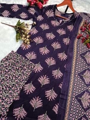 Sequence Work Cotton Kurti Pant Dupatta Set In Sanganeri Print