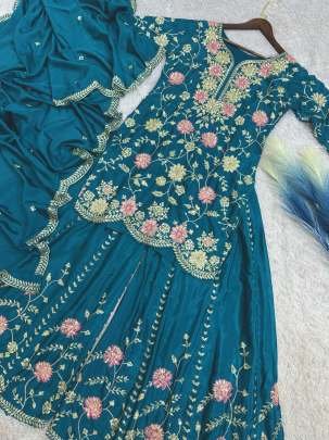 Sequence Work Rama Kurti Palazzo Dupatta Set