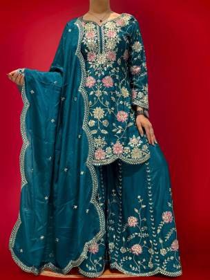 Sequence Work Rama Kurti Palazzo Dupatta Set