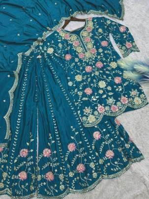 Sequence Work Rama Kurti Palazzo Dupatta Set