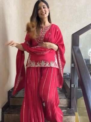 Sequence Work Rani Pink Top Sharara Dupatta Set