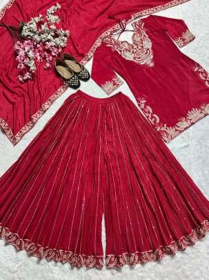 Sequence Work Rani Pink Top Sharara Dupatta Set