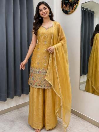Sequence Work Yellow Colour Palazzo Suit