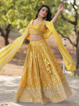 Sequinned Pure Viscose Jacquard Yellow Lehenga Choli Set