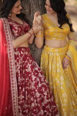 Sequinned Pure Viscose Jacquard Yellow Lehenga Choli Set