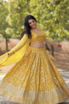 Sequinned Pure Viscose Jacquard Yellow Lehenga Choli Set