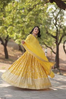 Sequinned Pure Viscose Jacquard Yellow Lehenga Choli Set