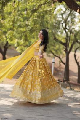 Sequinned Pure Viscose Jacquard Yellow Lehenga Choli Set