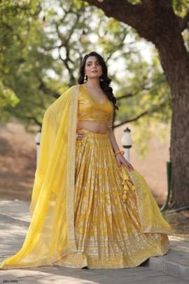 Sequinned Pure Viscose Jacquard Yellow Lehenga Choli Set